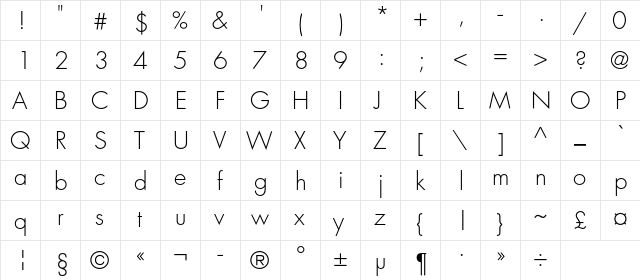FavoritLightC Regular  glyph index