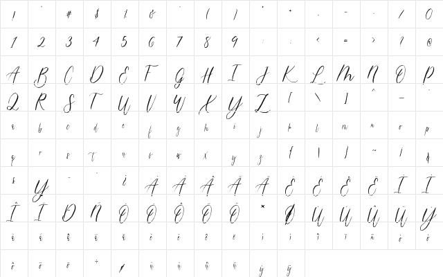 magdalena script Regular  glyph index