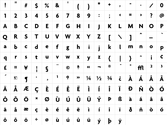 Agenda Bold  glyph index