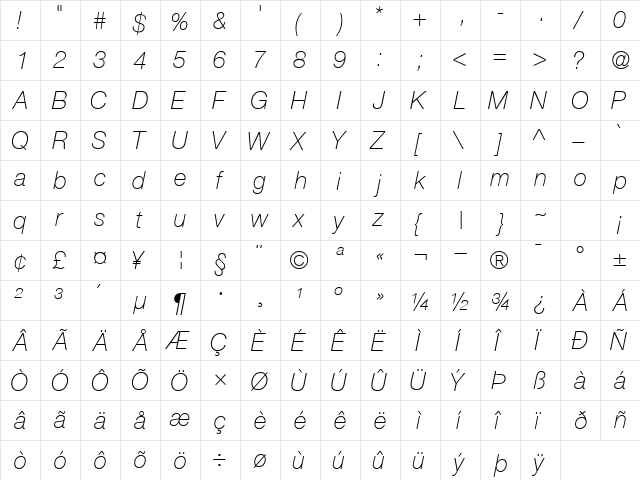 ContextRepriseThinCondSSK Italic  glyph index