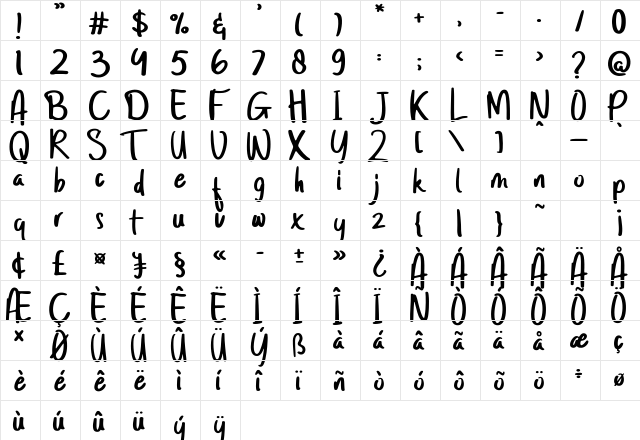 Twenty Senja Regular  glyph index