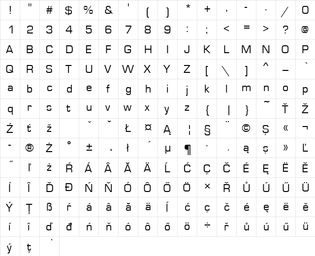 EurostileTEE Regular  glyph index