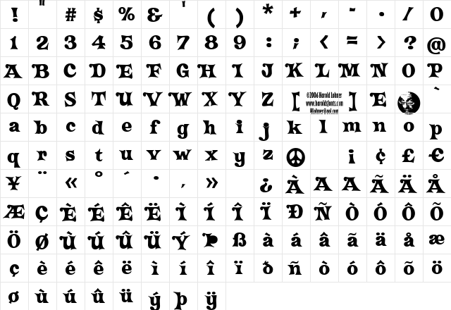 Crazy HaroldFlare Regular  glyph index