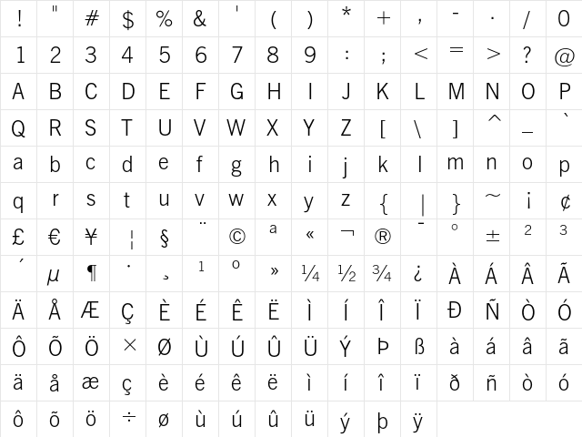 News Gothic Light  glyph index