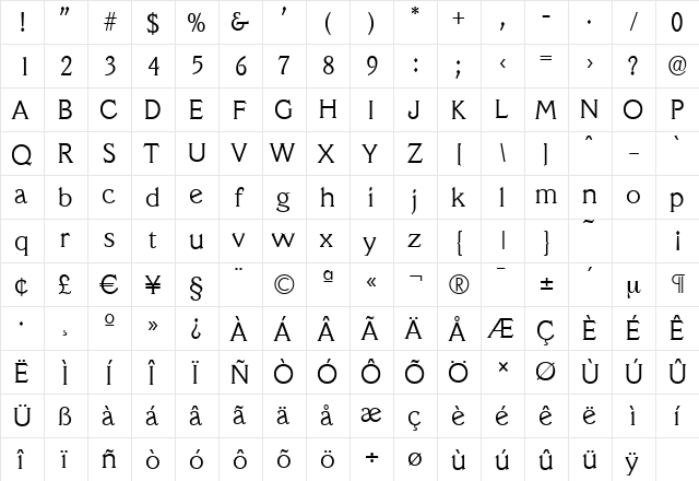 VeracruzSerial-Light Regular  glyph index
