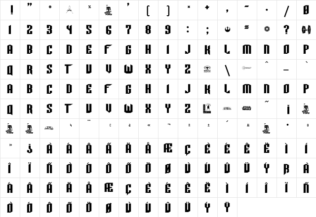 TIE-Wing Regular  glyph index