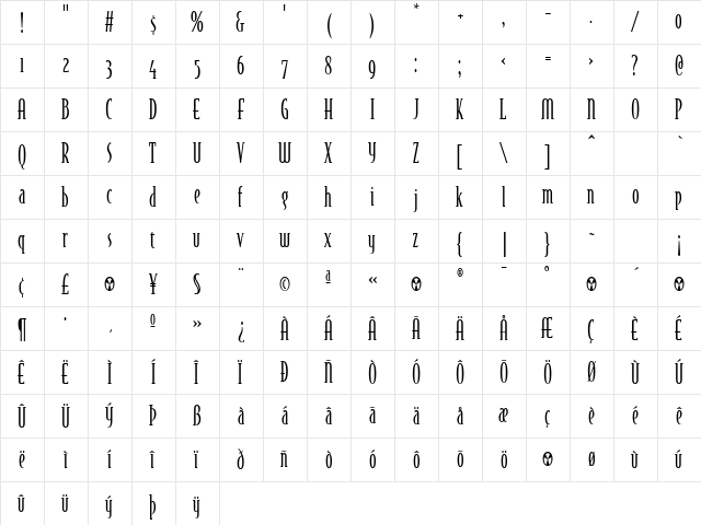 BodegaSerif LightOldstyle  glyph index