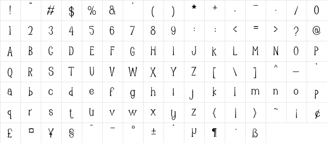 Mooncrato Regular  glyph index