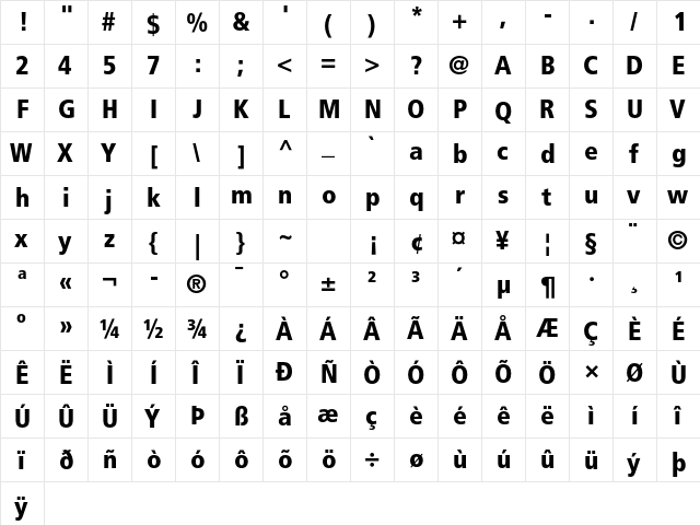 Frutiger LT Std 77 Black Condensed  glyph index