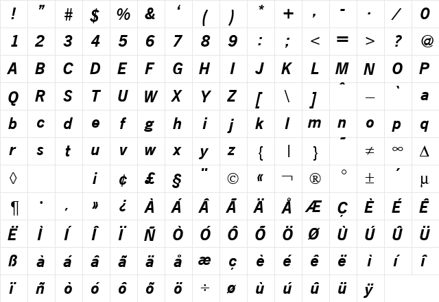 NewsGothicTwo BoldItalic  glyph index