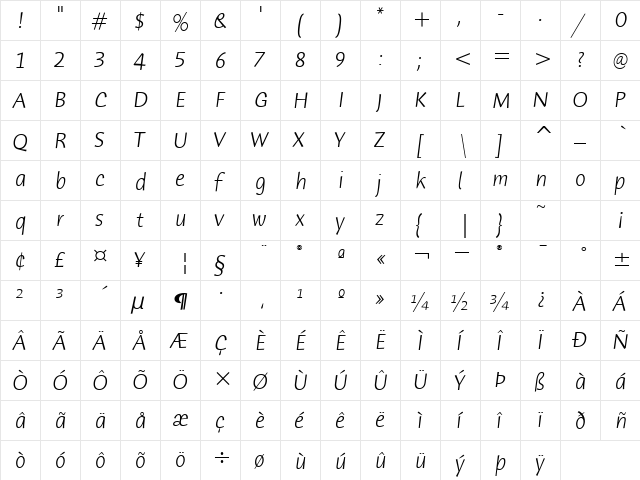 HumanaSansITC-Light LightItalic  glyph index