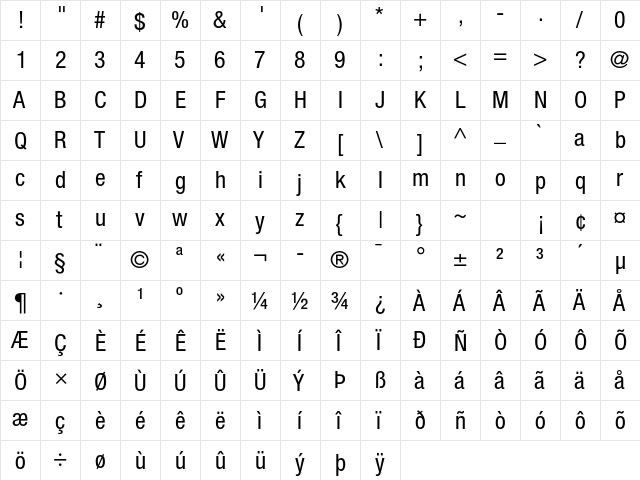 Helvetica Neue LT Std 57 Condensed  glyph index