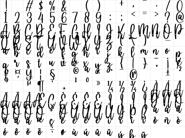 hello bella Regular  glyph index