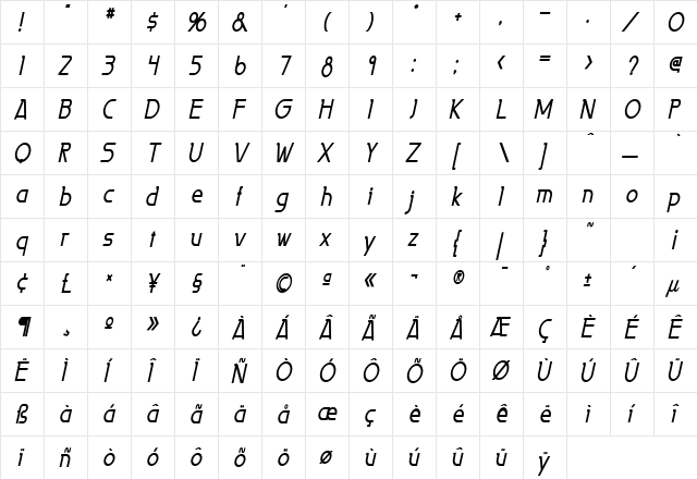 Persia Thin Bold Italic  glyph index