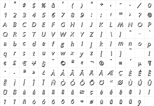 SaxonyShadow Italic  glyph index