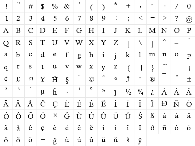 Calisto MT Eo Regular  glyph index