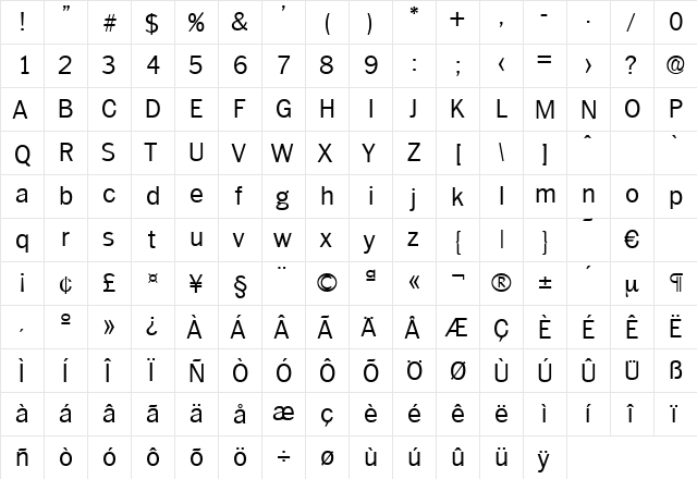 Plymouth-Light Regular  glyph index