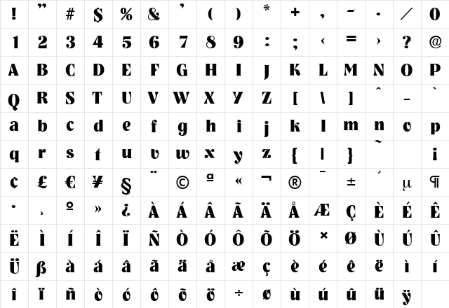 NashvilleSerial-Xbold Regular  glyph index