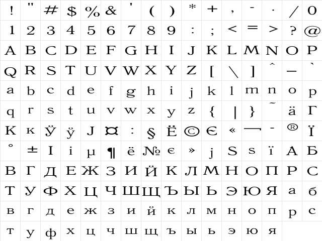 Antiqua Expanded Regular  glyph index