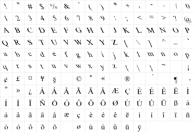Marin Leftie Regular  glyph index