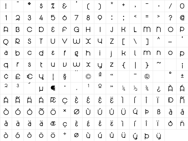 Radian Regular  glyph index