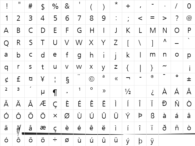 Frutiger Light  glyph index