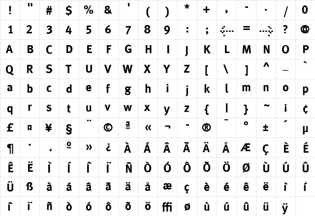 MetaPlusLining Bold  glyph index