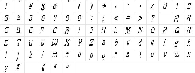 VanVeenCondensed Italic  glyph index