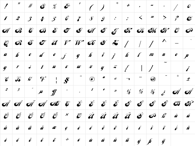 Julia Script Regular  glyph index