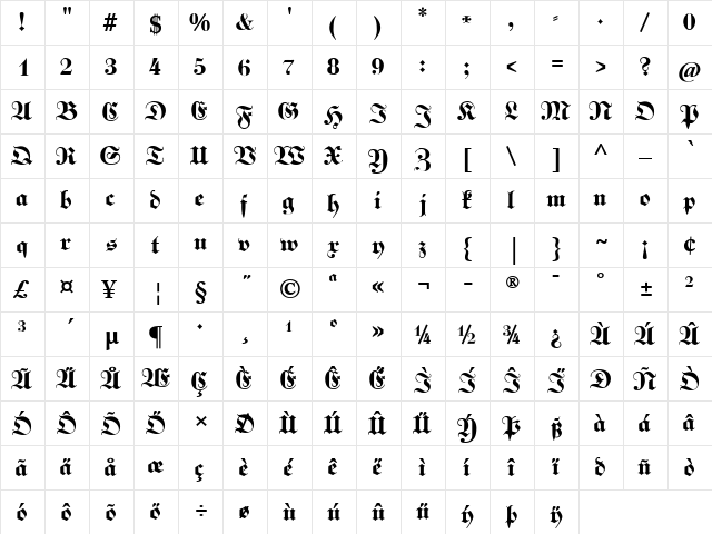 Kabinett Fraktur Bold  glyph index