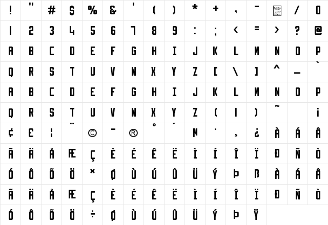 Slimfit Regular  glyph index