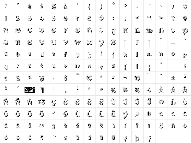 Augusta Shadow Regular  glyph index