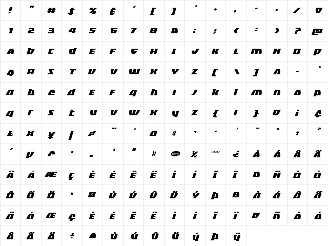 Black Bishop Condensed Italic Condensed Italic  glyph index