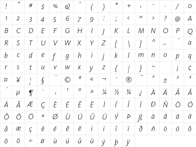 KievitOT-LightItalic Regular  glyph index