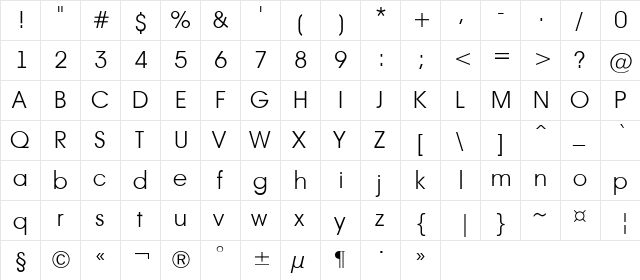 a_AvanteLt Light  glyph index