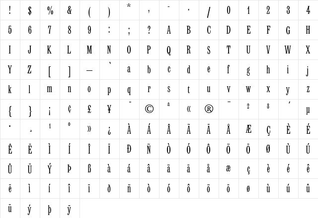 LatinMT-Condensed Roman  glyph index