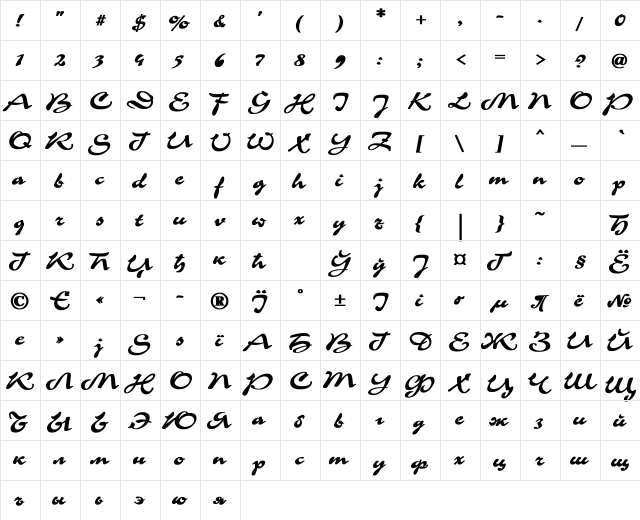 Corrida Bold  glyph index