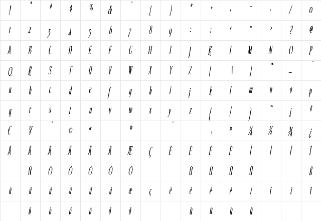 Echelon Condensed Italic  glyph index