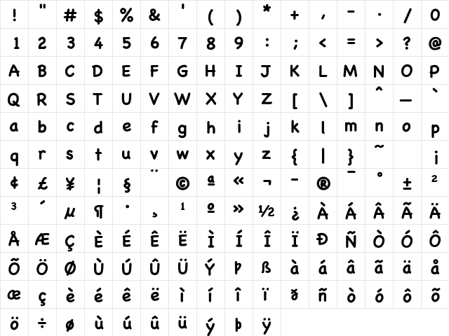 Chalkboard SE Bold  glyph index