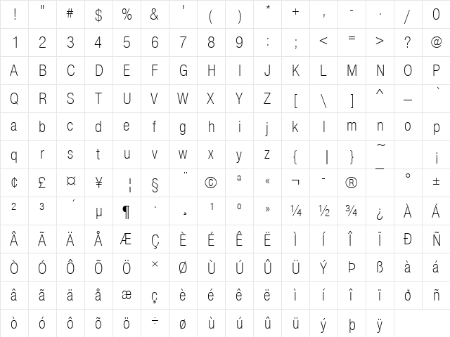 NimbusSanNovTLigCon Regular  glyph index