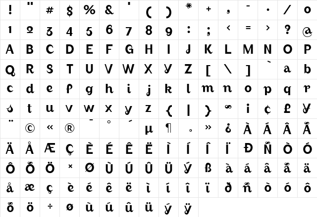 August Regular  glyph index