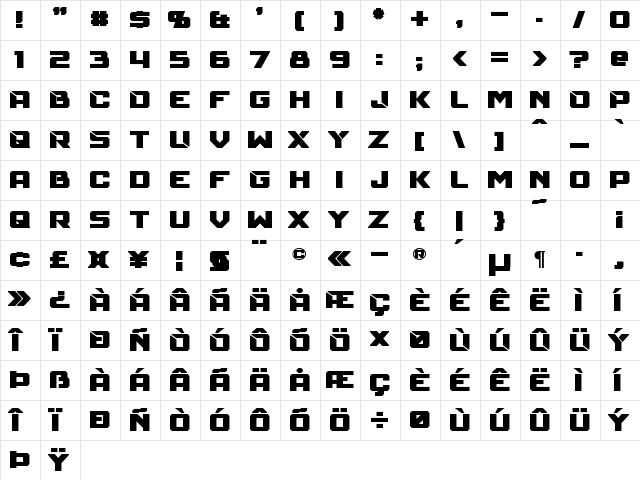 Mechfire Bold  glyph index