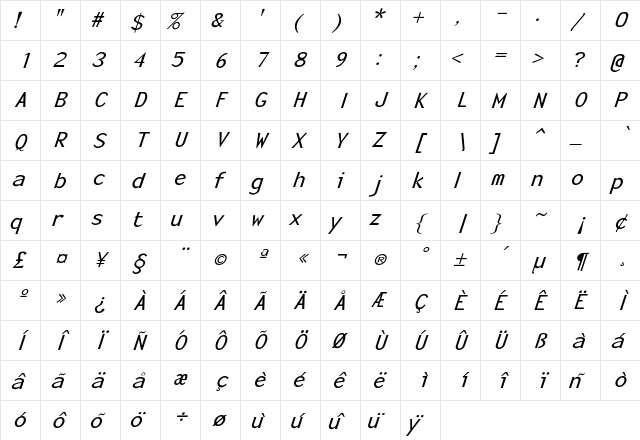 Eunuie Italic Regular  glyph index