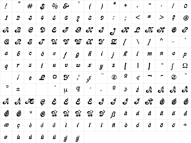 Calligraph Medium  glyph index
