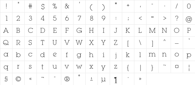 LugaExtra Regular  glyph index