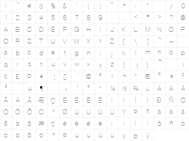 NimbusSanPUltLig Regular  glyph index