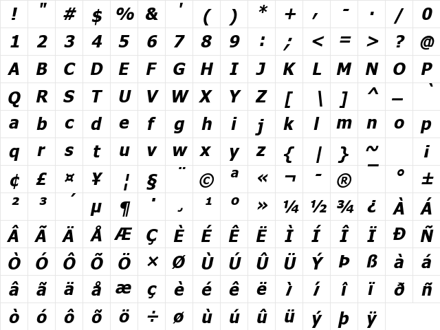 Tahoma Bold Faux Italic  glyph index