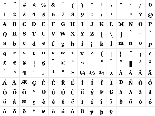 Mercury Text G4 Bold  glyph index