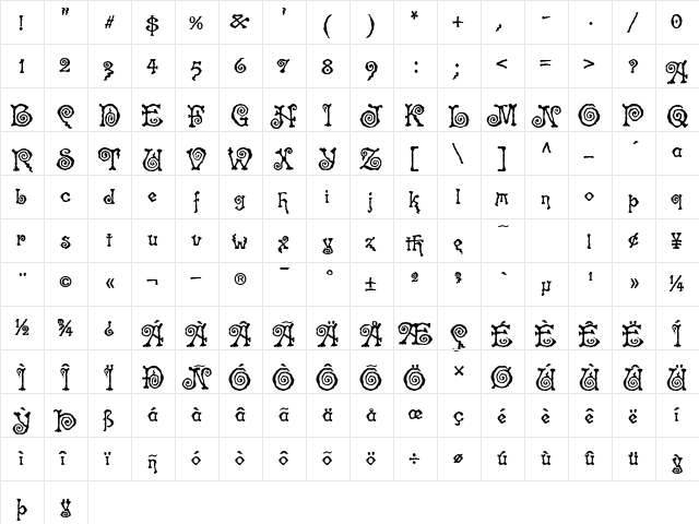 Spiral ST Regular  glyph index
