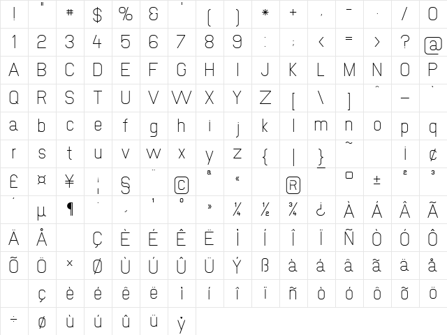 NewMedia Regular  glyph index
